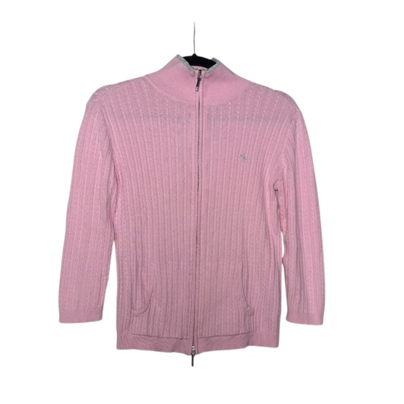 Ralph Lauren Full Zip Cable Knit Sweater Pink and Silver Size Small Mock Neck - Picture 1 of 11